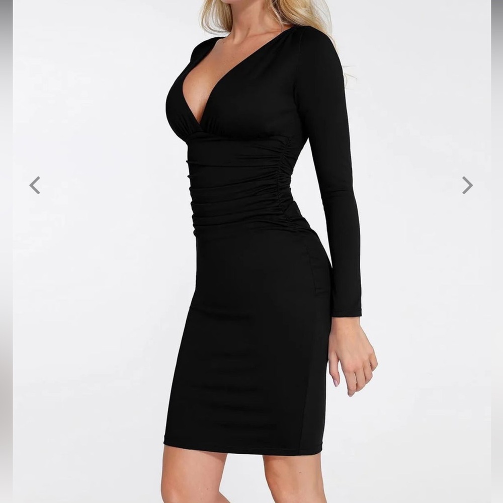 Shapewear Long Sleeve V-Neck Ruched Bodycon Midi Dress